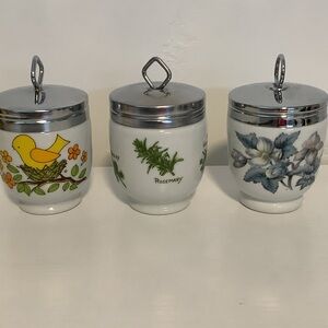 Set of 3 Porcelain Egg Coddlers Ceramic with Silver Lids.